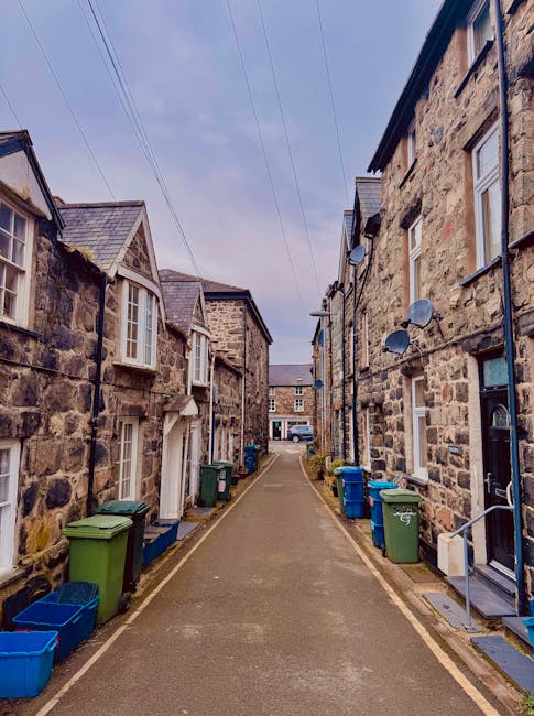 A narrow residential street with stone terraced houses on both sides, featuring small front yards and windows with white frames. The pavement is lined with green, blue, and black wheeled rubbish bins and recycling containers placed against the house walls. Overhead, there are electrical wires crossing the sky, which is partly cloudy with patches of blue. In the background, there is a small parked car and a larger building at the end of the street. The scene depicts a quiet, urban environment during daylight, where the process of home relocation or furniture transport might involve navigating tight access points and managing small-scale loading or unloading near the property entrances, supporting professional removals such as those offered by Man with Van Collier Row.
