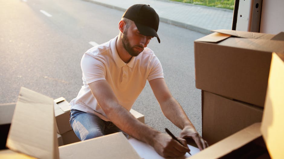 A man wearing a black cap, white polo shirt, and jeans is kneeling on the pavement outside an open moving truck. He is in the process of packing or organizing cardboard boxes, some of which are stacked nearby inside the vehicle. The scene is set during daylight hours, with sunlight casting a warm glow on the man and the surrounding area. The moving truck door is open, revealing boxes and packing materials such as plastic wrap and cardboard. The background shows a paved road and a grassy verge, indicating a residential or suburban location consistent with house removals services. This action is part of the home relocation process handled by Man with Van Collier Row, involving furniture transport and packing and moving logistics.